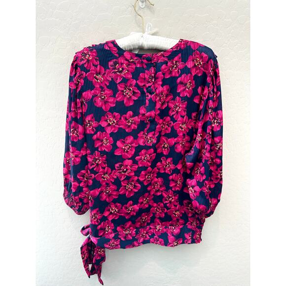 MAYEELOK | Pink Floral Blouse Vibrant 80s Style Pleated Top | Medium - Picture 6 of 8